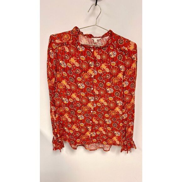 Jane & Delancey Womens Red Floral Long Sleeve Button Front Blouse Size Large - Picture 1 of 11